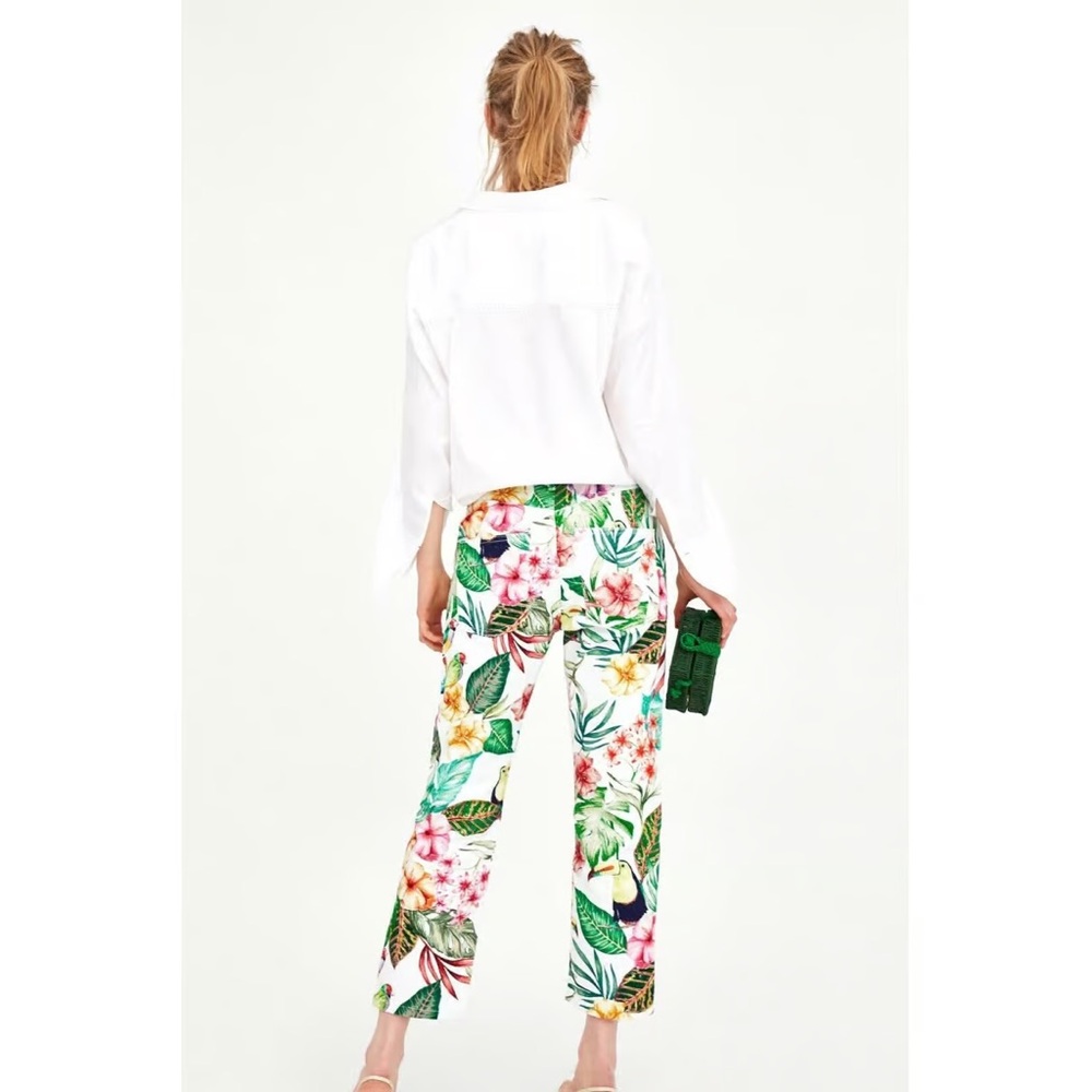 Zara Womens Pants 4 White Tropical Coastal Print Denim Straight Leg Crop Jeans - Picture 3 of 11